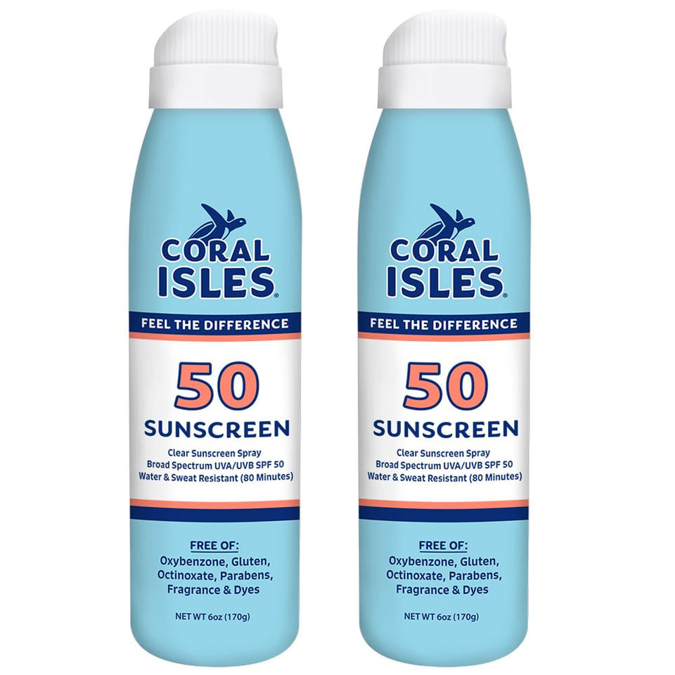 Coral Isles SPF50 sunscreen spray bottle for beach day protection.
