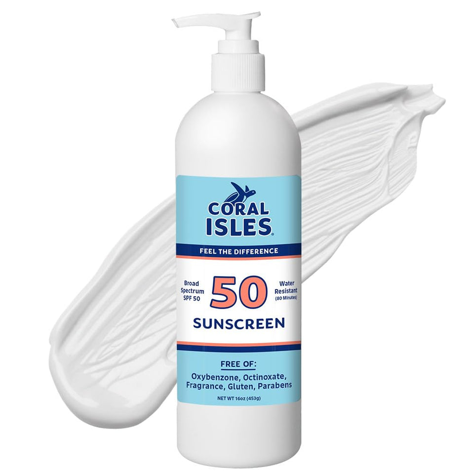 Coral Isles Sunscreen bottle front view showing fragrance-free protection