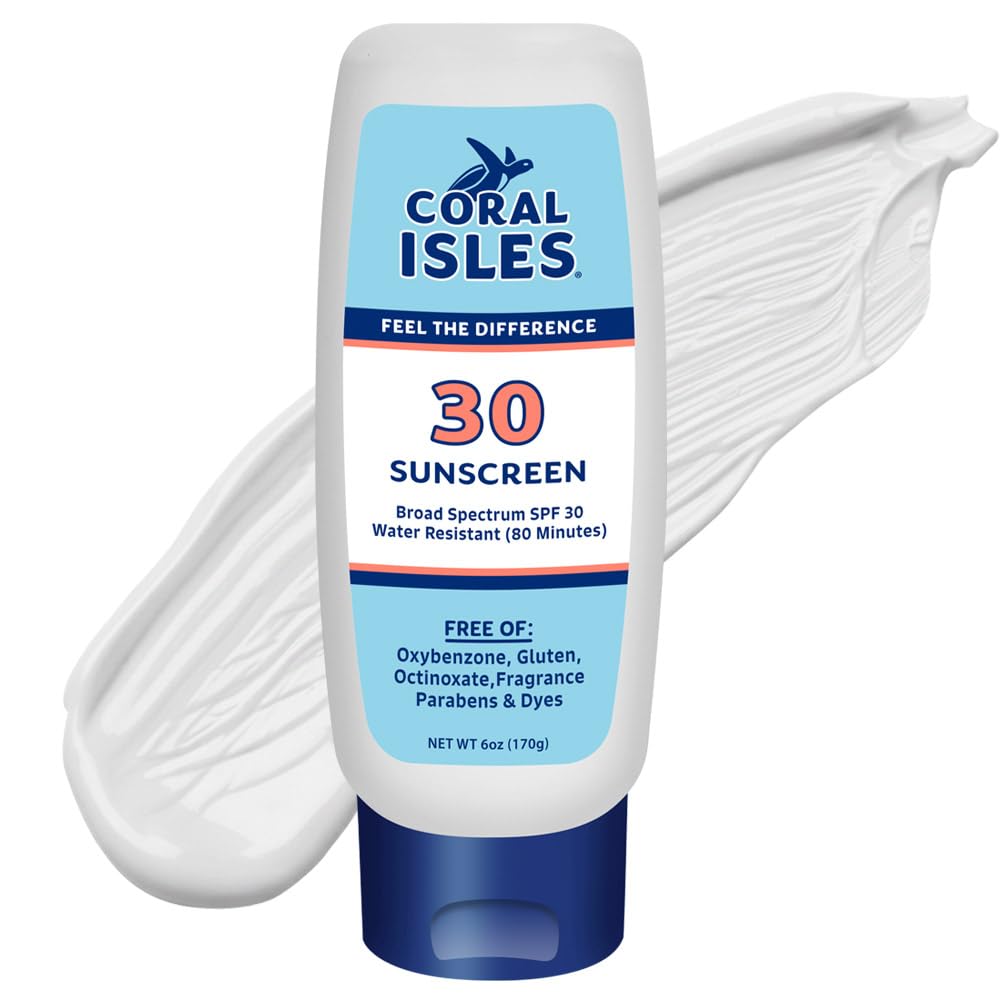 Coral Isles Sunscreen SPF 30 bottle front, reef-safe protection for sunny beach days