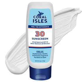 Coral Isles Sunscreen SPF 30 bottle front, reef-safe protection for sunny beach days
