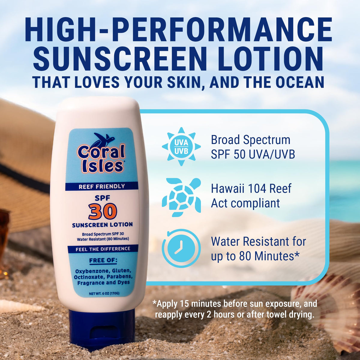 Coral Isles Sunscreen SPF 30 label detail, Hawaii Reef Act compliant