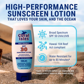 Coral Isles Sunscreen SPF 30 label detail, Hawaii Reef Act compliant