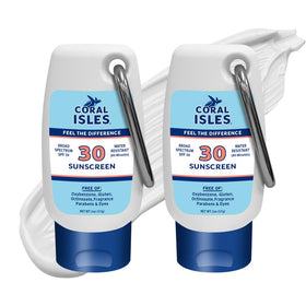 Coral Isles Sunscreen SPF 30 reef-safe bottle on sand for everyday protection