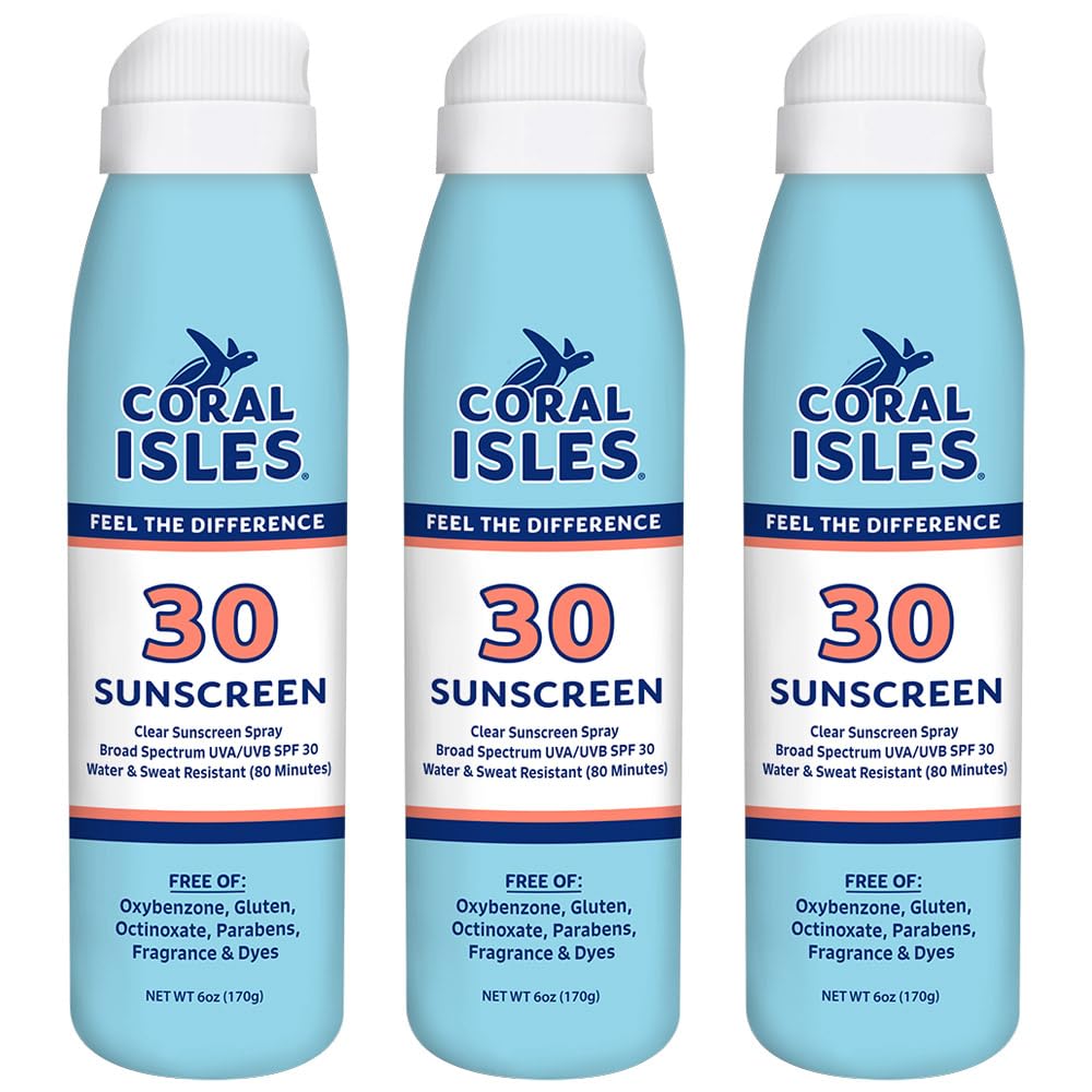 Coral Isles SPF 30 sunscreen spray bottle front view for beach days.