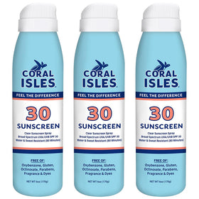 Coral Isles SPF 30 sunscreen spray bottle front view for beach days.