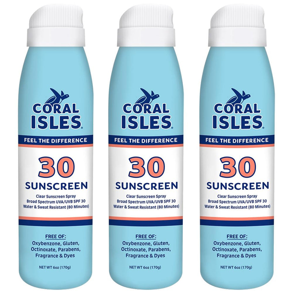 Coral Isles SPF 30 sunscreen spray bottle front view for beach days.