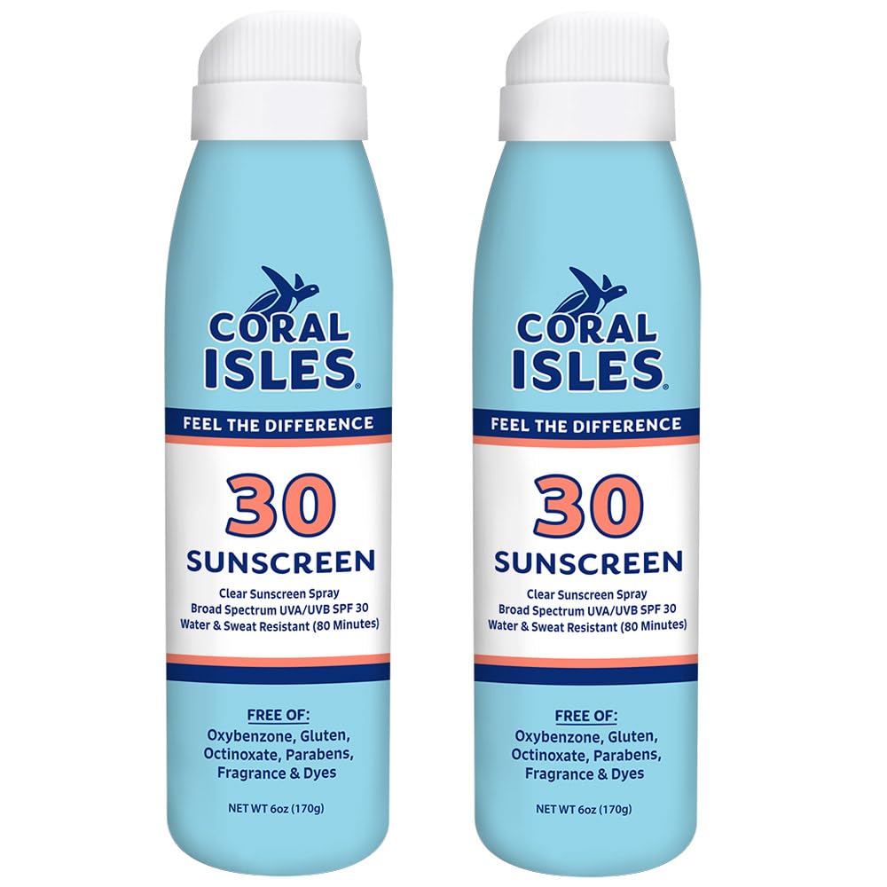 Coral Isles sunscreen spray bottle front view for easy on-the-go protection.