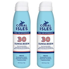 Coral Isles sunscreen spray bottle front view for easy on-the-go protection.