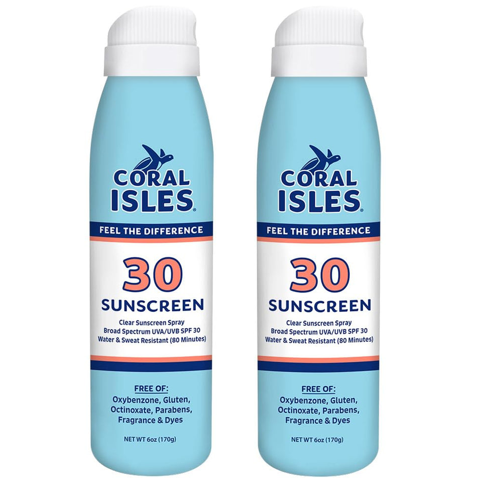 Coral Isles sunscreen spray bottle front view for easy on-the-go protection.