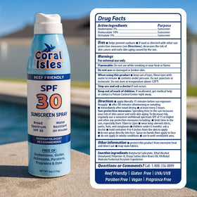 Coral Isles sunscreen spray on the shore with water resistance up to 80 minutes.