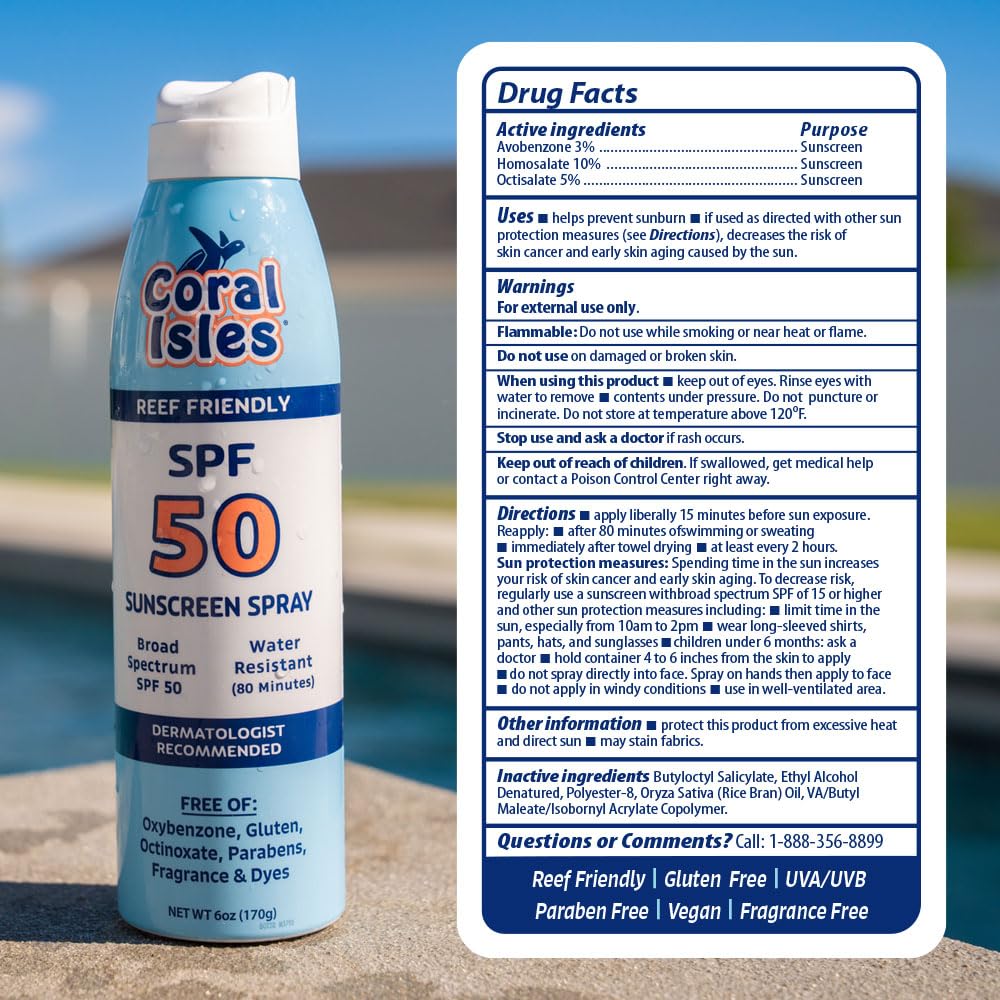 Coral Isles water-resistant spray after swimming.