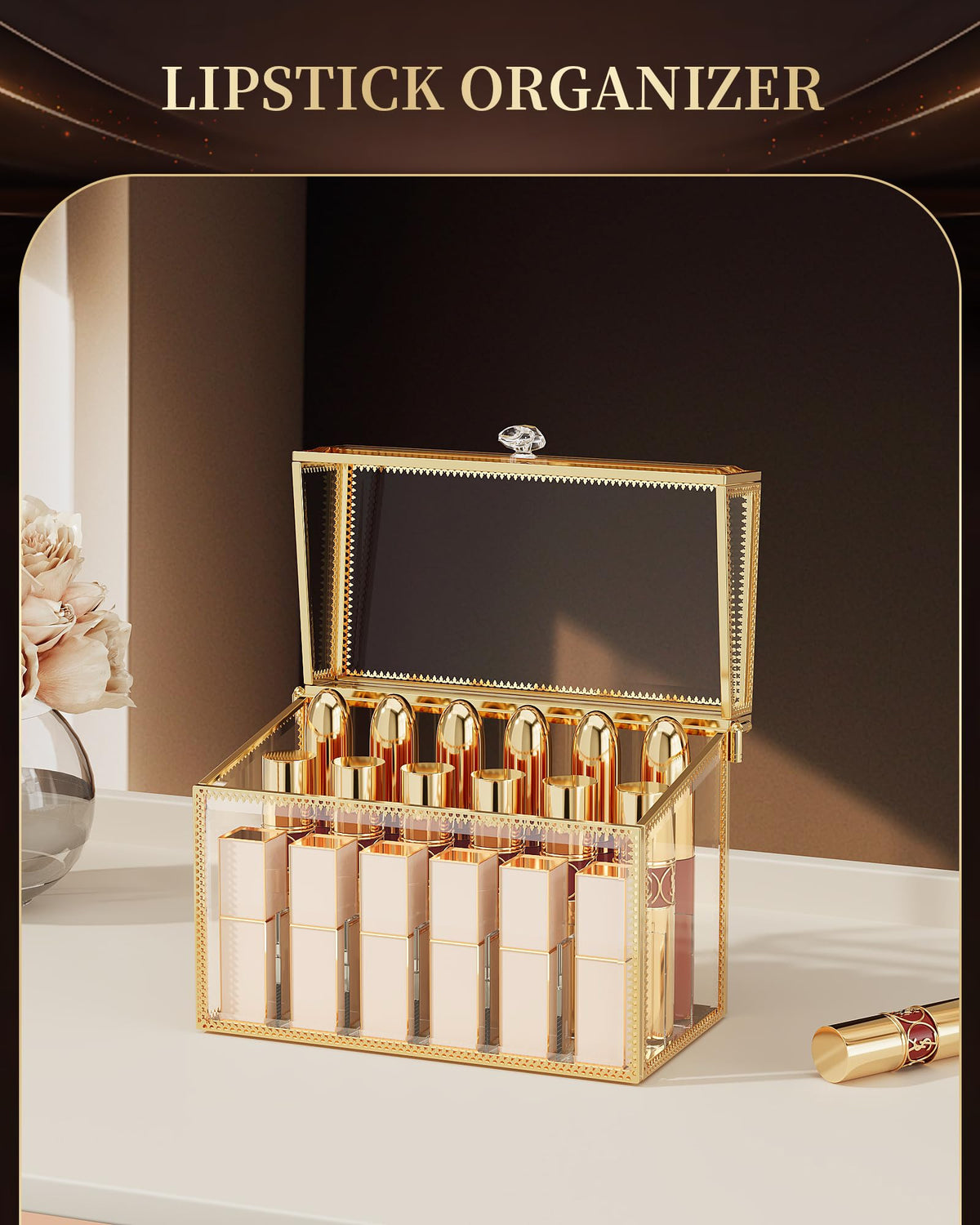 CoralHouse lipstick organizer on a dresser adds sophisticated, space-efficient storage