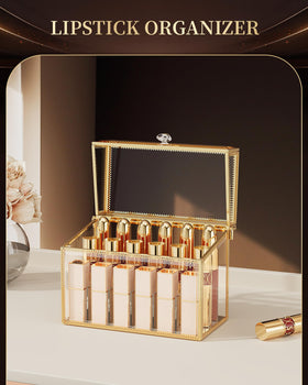 CoralHouse lipstick organizer on a dresser adds sophisticated, space-efficient storage