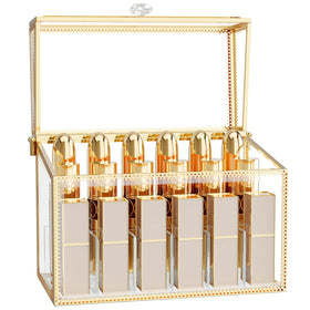 CoralHouse lipstick organizer with tempered glass lid enhances a luxurious vanity display and keeps cosmetics protected