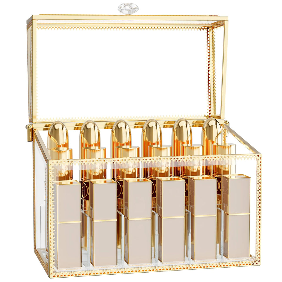 CoralHouse lipstick organizer with tempered glass lid enhances a luxurious vanity display and keeps cosmetics protected