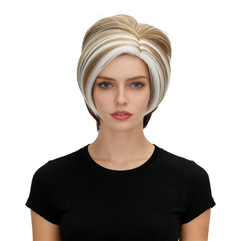Coraline short pixie wig blonde mixed vintage updo back look