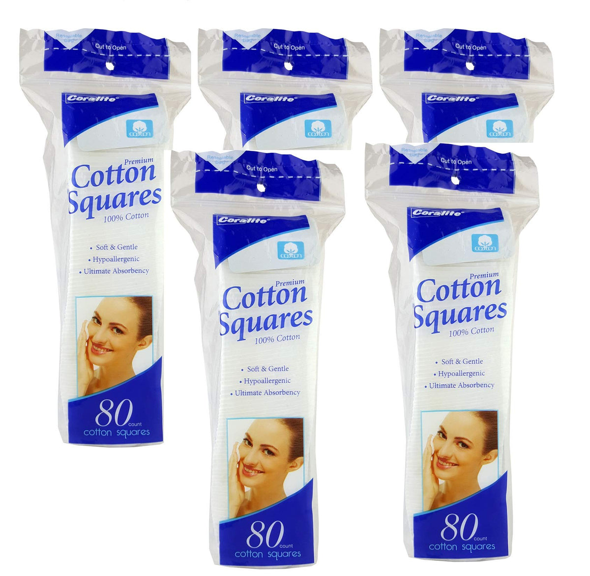Coralite Premium Cotton Squares close-up, ultra-soft pads for gentle facial cleansing.