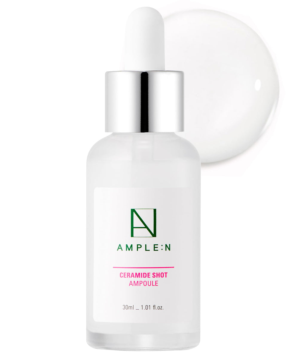 CORÉANA AMPLE:N ceramide shot bottle close-up showing deep hydration for dry skin.