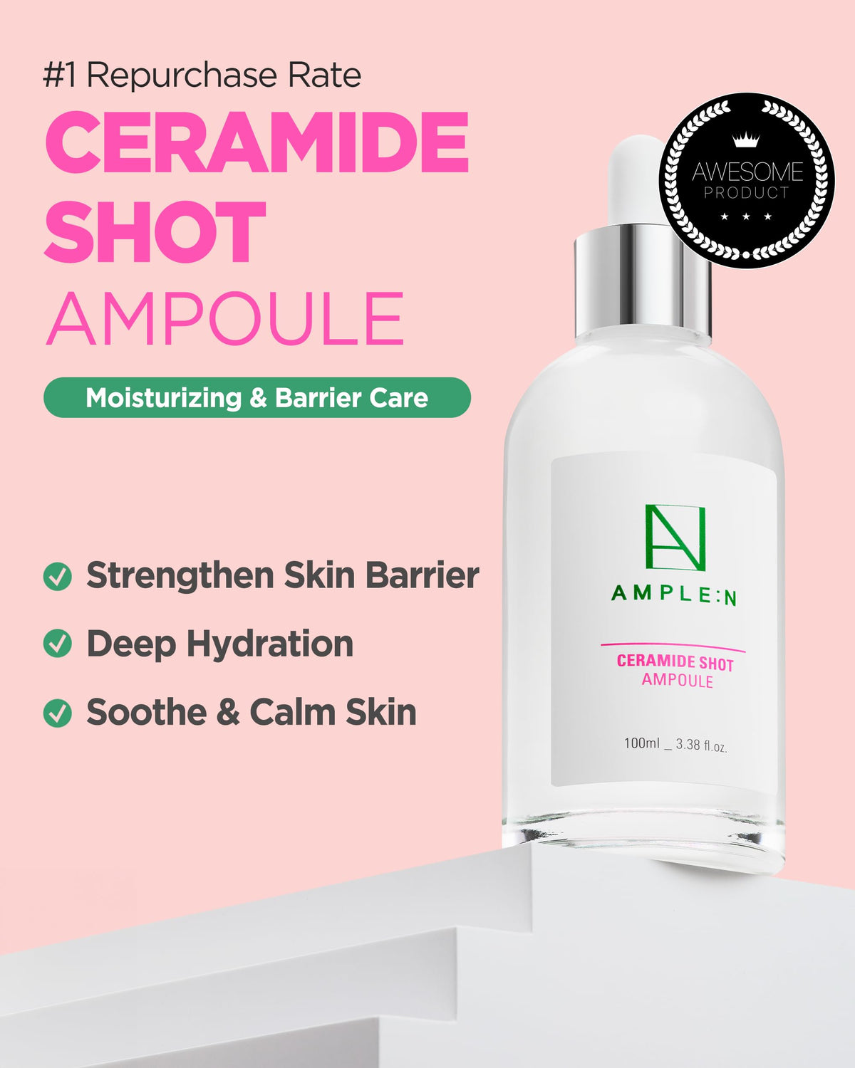 CORÉANA AMPLE:N ceramide shot dropper view suggesting nourishment and anti-aging care.