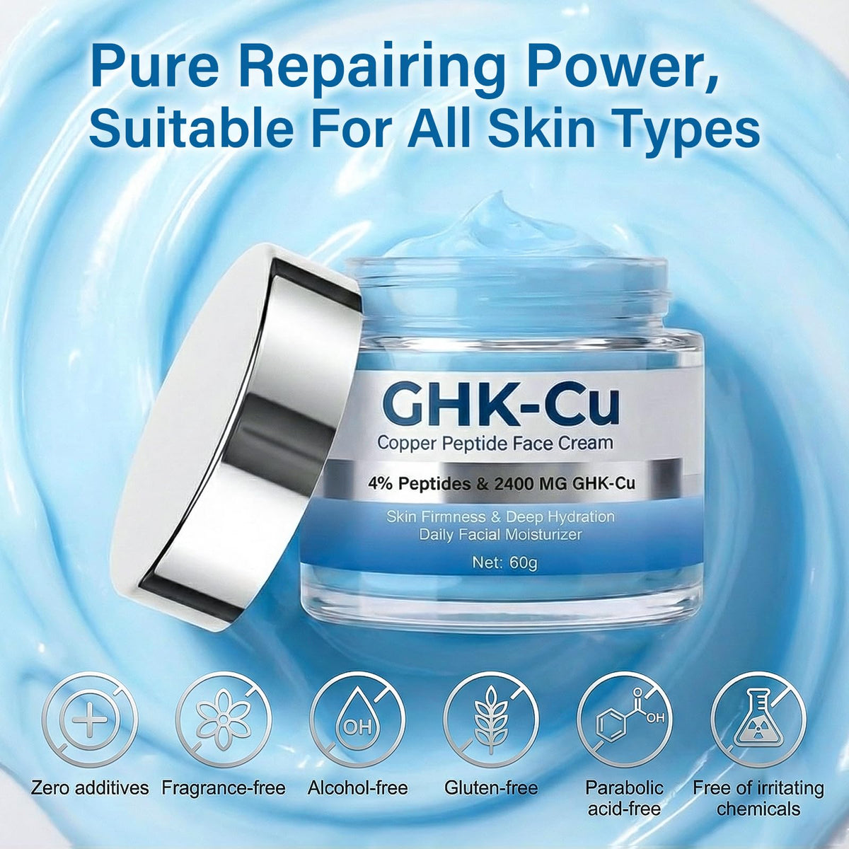 Application shot with fingertips massaging Coregnosis GHK-Cu Cream onto the face.