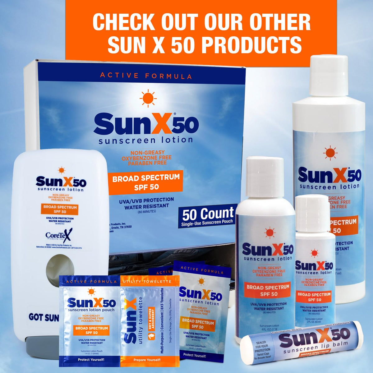 CoreTex Sun X 50 outdoor activity use showcasing travel-friendly SPF packets.