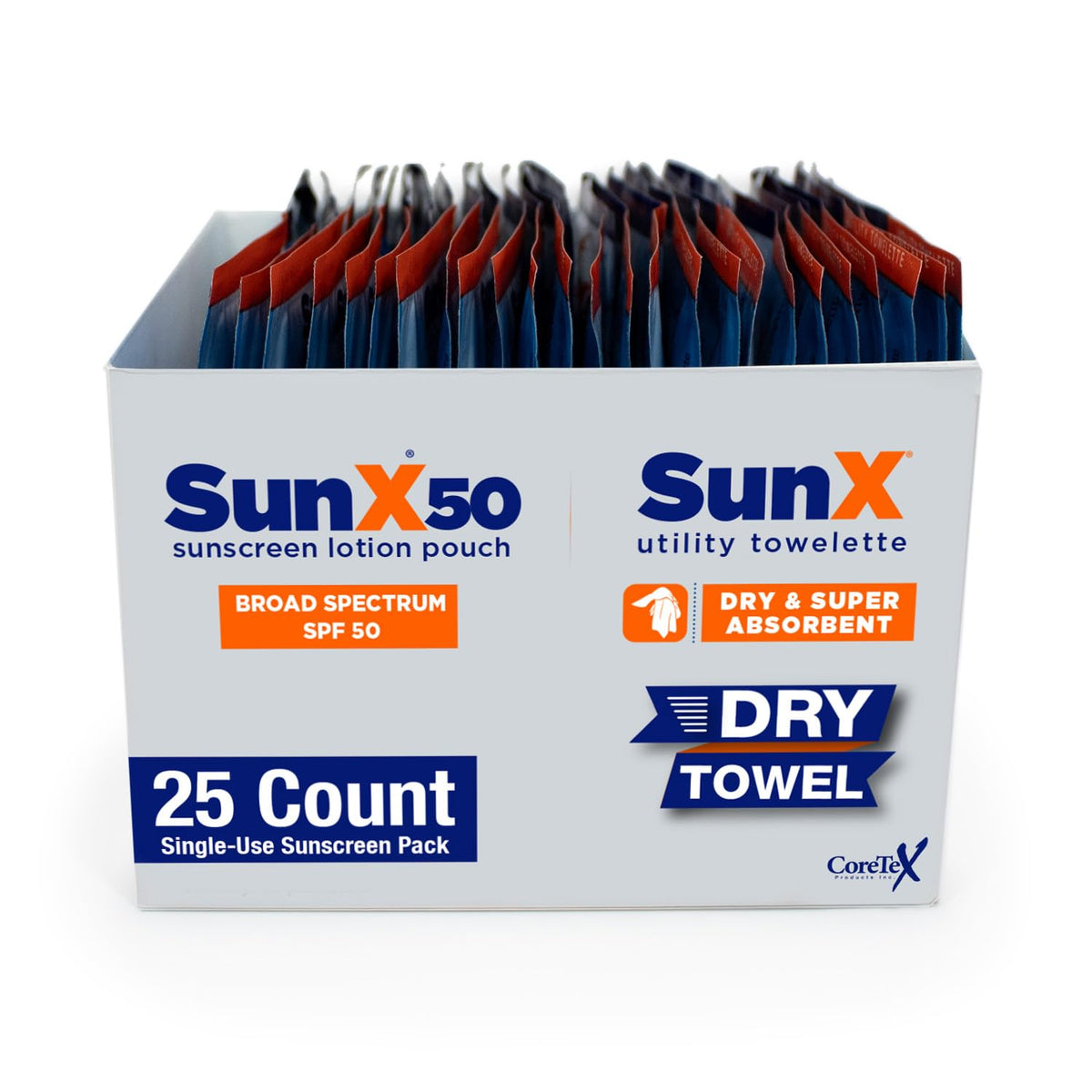 CoreTex Sun X 50 packet with dry towel setup for mess-free on-the-go protection.