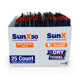 CoreTex Sun X 50 packet with dry towel setup for mess-free on-the-go protection.