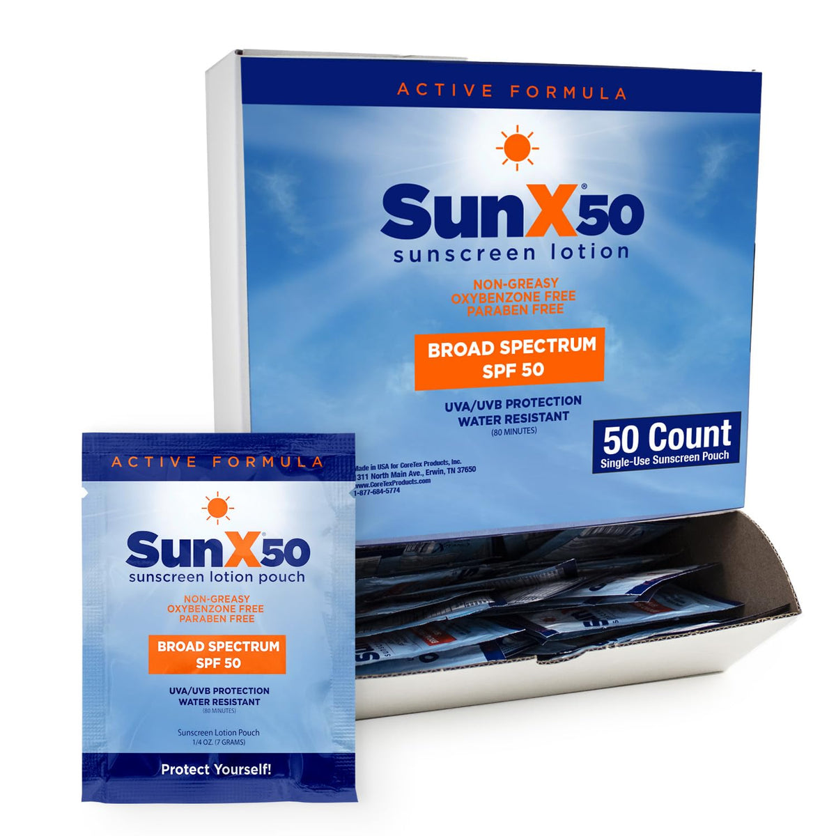 CoreTex Sun X 50 SPF packets travel-ready sunscreen for on-the-go protection.