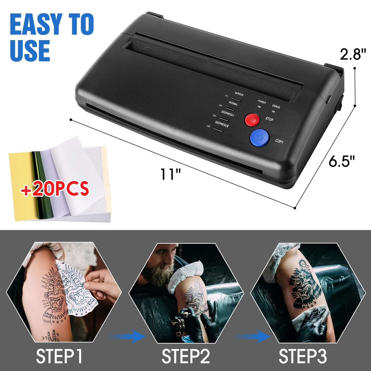 CORIEOSD Tattoo Transfer Machine side view showcases slim profile for compact spaces.