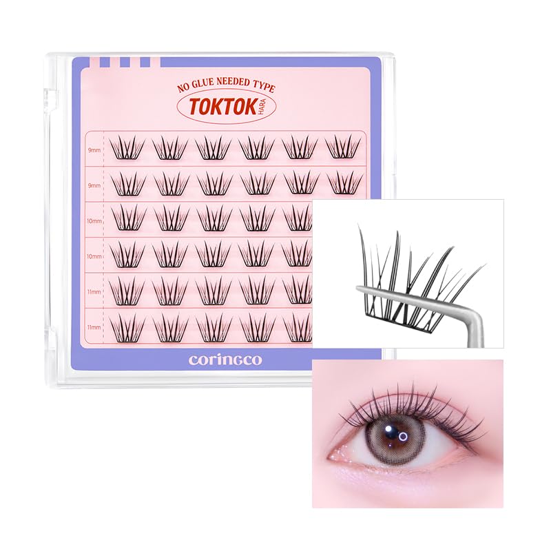 CORINGCO Toktok Hara Light lashes showing pre-glued clusters for quick wear.