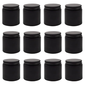 Cornucopia 4oz black-coated glass jar with lid for organized cosmetics storage.