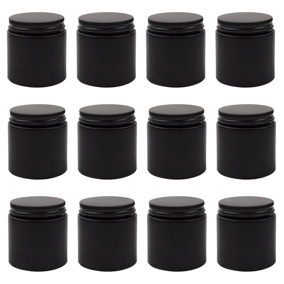 Cornucopia 4oz black-coated glass jar with lid for organized cosmetics storage.