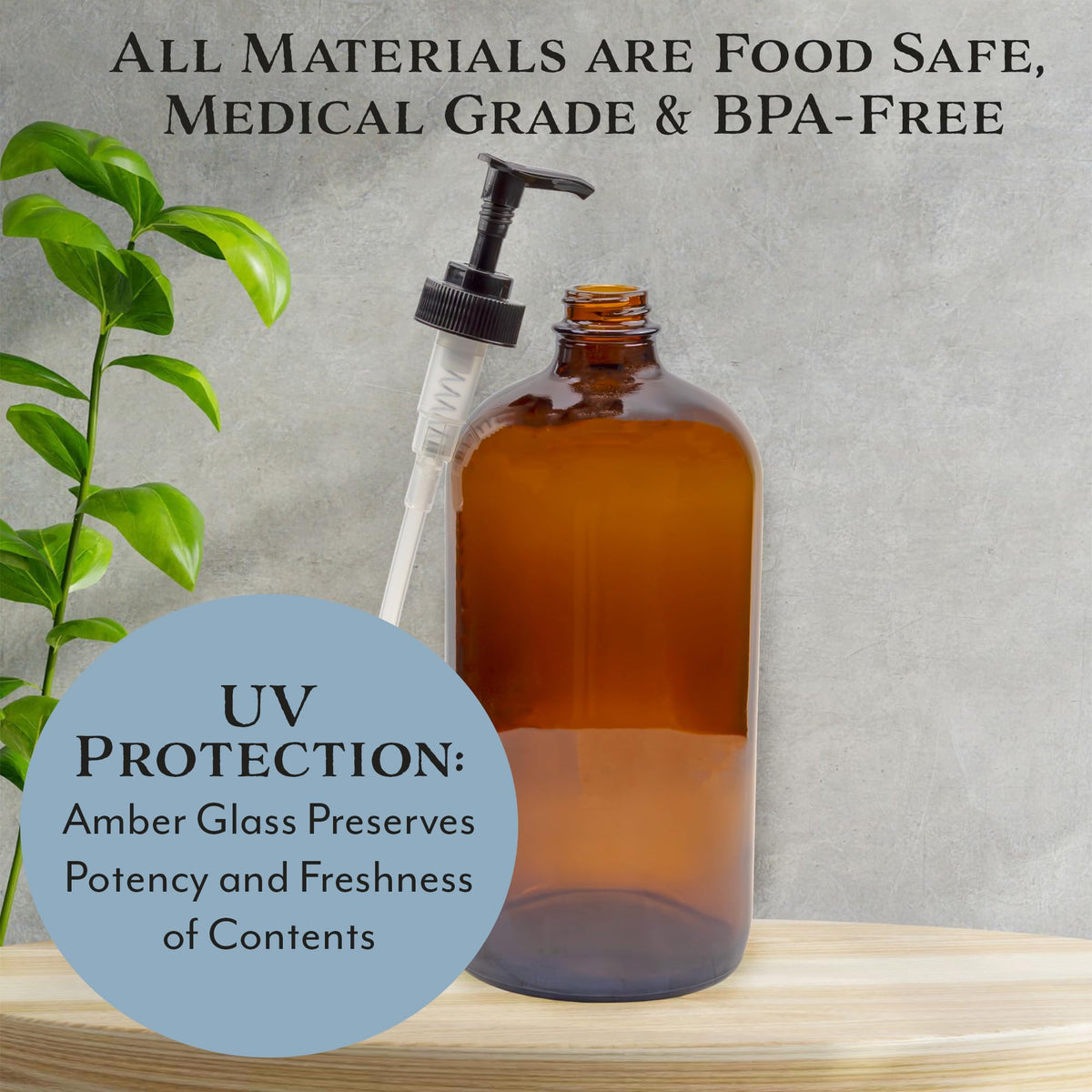 Quart-size brown bottle design protects ingredients from light.