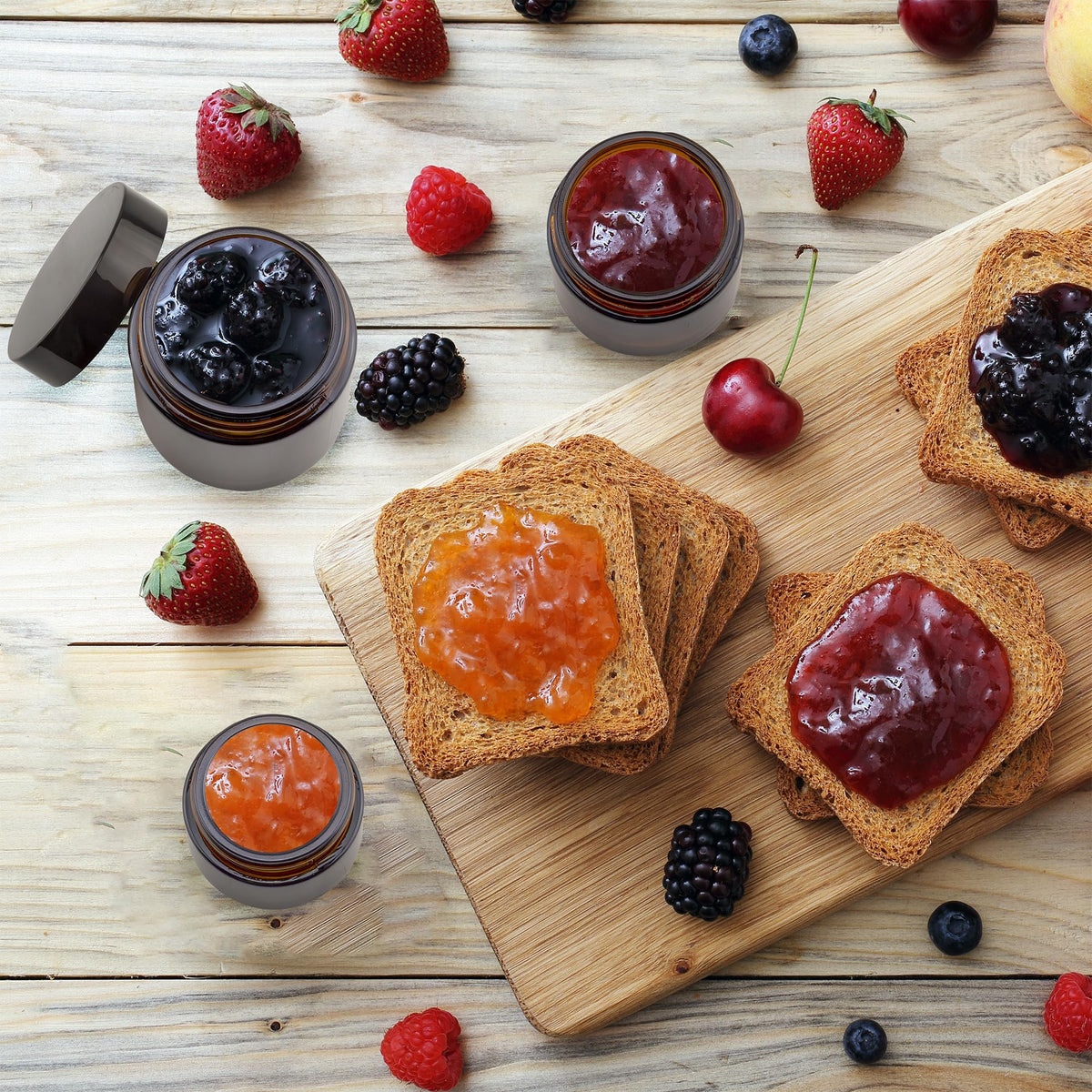 Cornucopia Brands multi-size amber jars displayed together for versatile packaging.