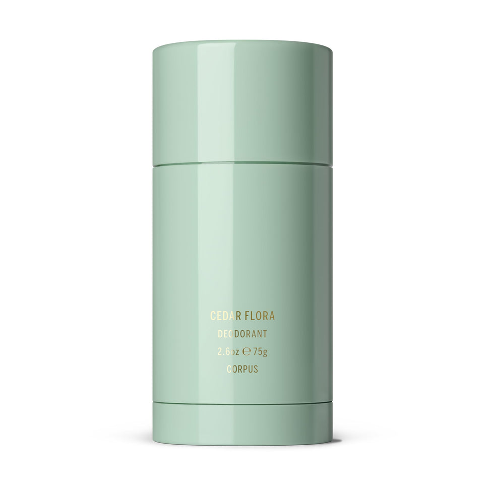 Corpus Cedar Flora deodorant stick close-up highlighting smooth gel for sensitive skin.