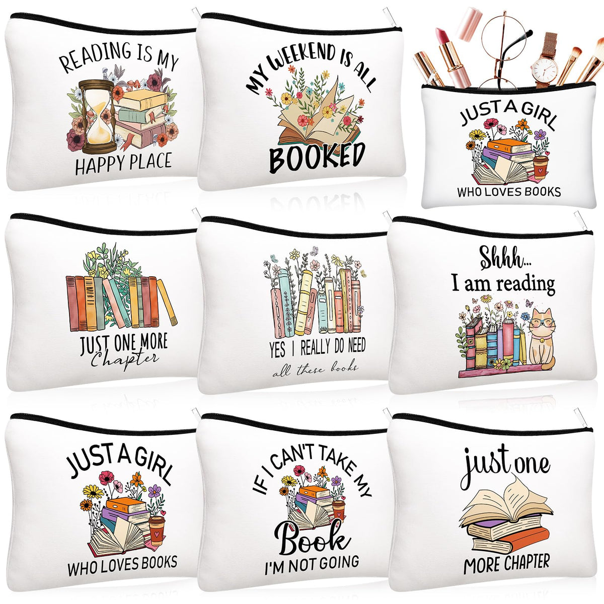 Cosblank book lovers makeup bag, front view, durable canvas with book-inspired pattern