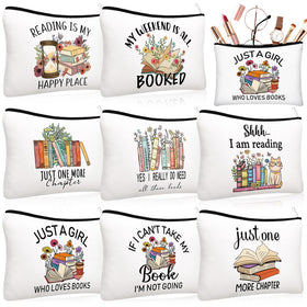 Cosblank book lovers makeup bag, front view, durable canvas with book-inspired pattern