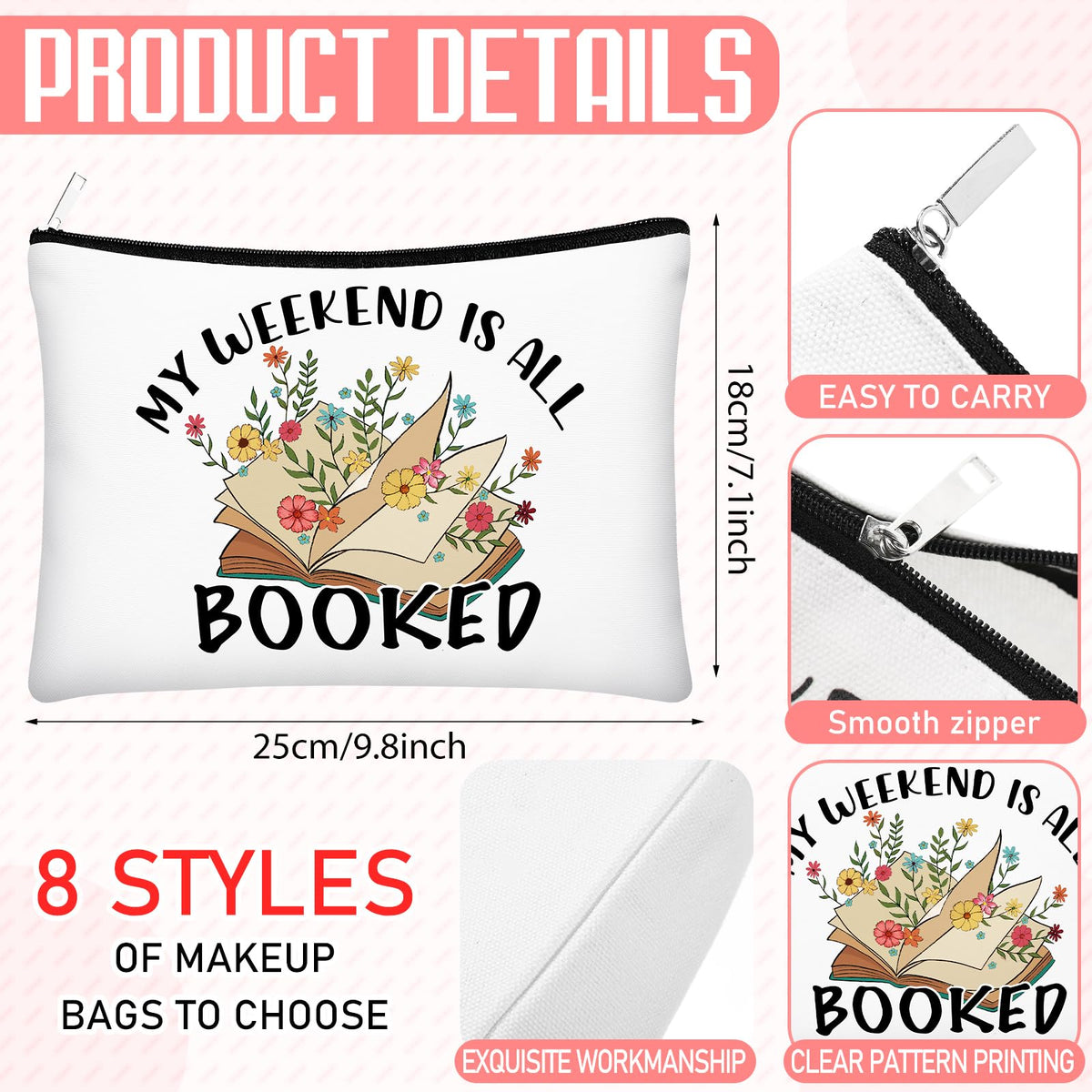Cosblank book lovers makeup bag pattern closeup, vivid design and craftsmanship