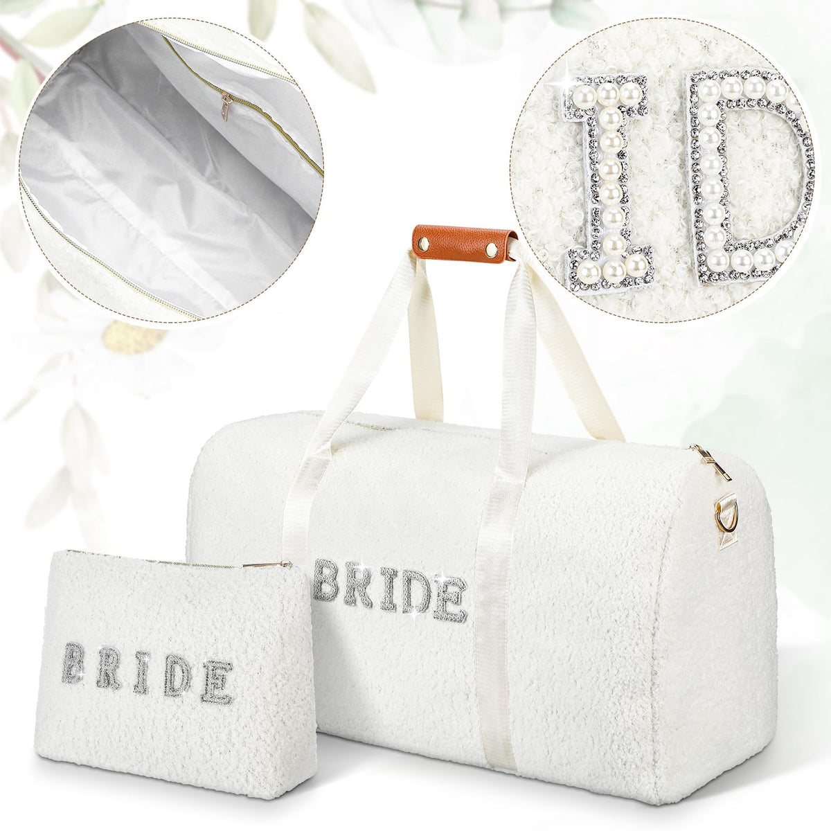Cosblank pearl embroidery detail adds elegance to the bride weekender bag
