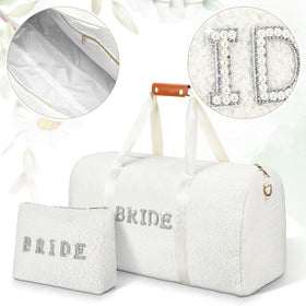 Cosblank pearl embroidery detail adds elegance to the bride weekender bag