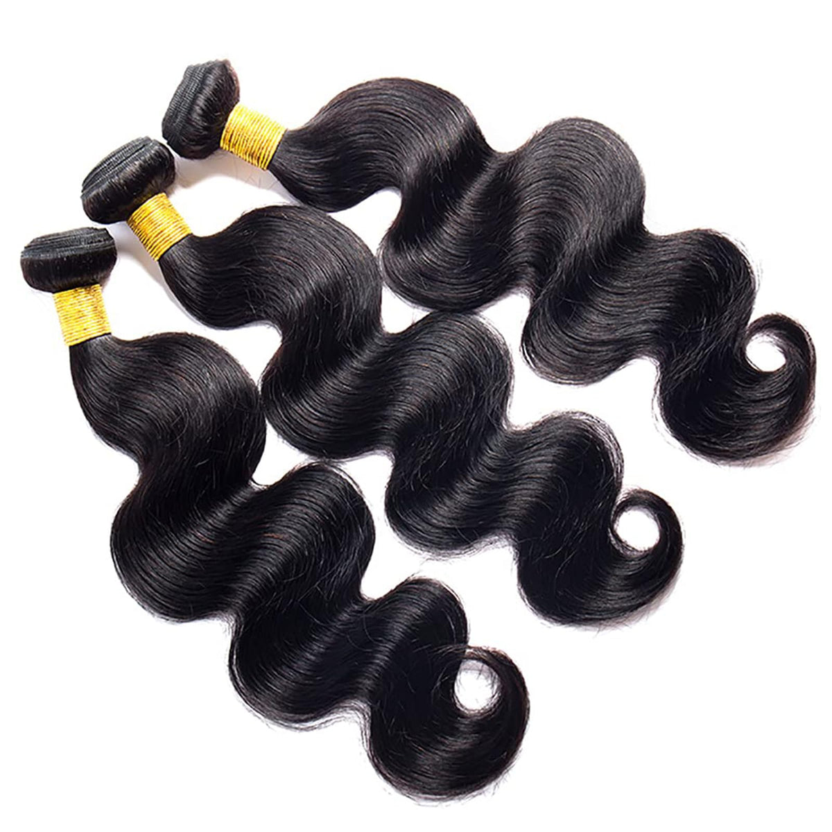 Coshgirl body wave bundles 10 inch laid out to reveal natural shine and voluminous look.