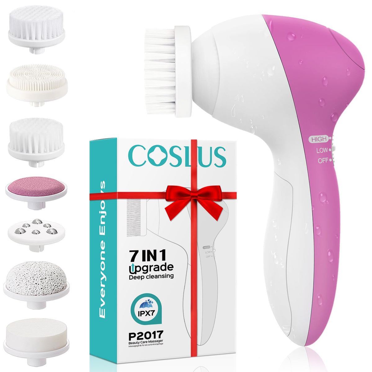COSLUS 7-in-1 facial cleansing brush with multiple heads for deep cleaning.