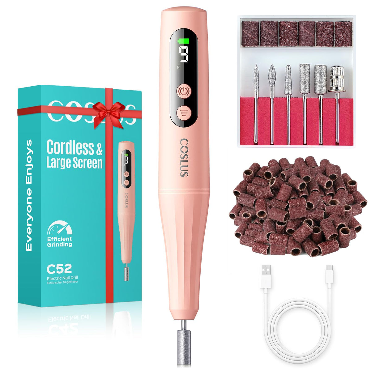 COSLUS C52 cordless nail drill with LED screen enables precise speed control at home.