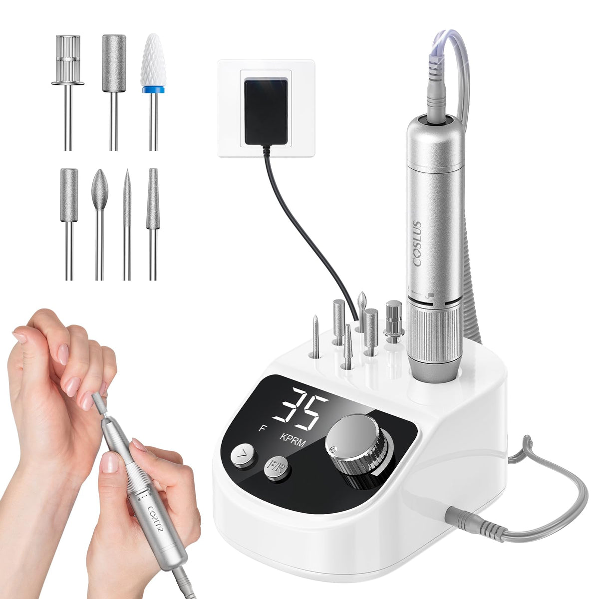 COSLUS E50 professional nail drill with LED display for precise control during removal