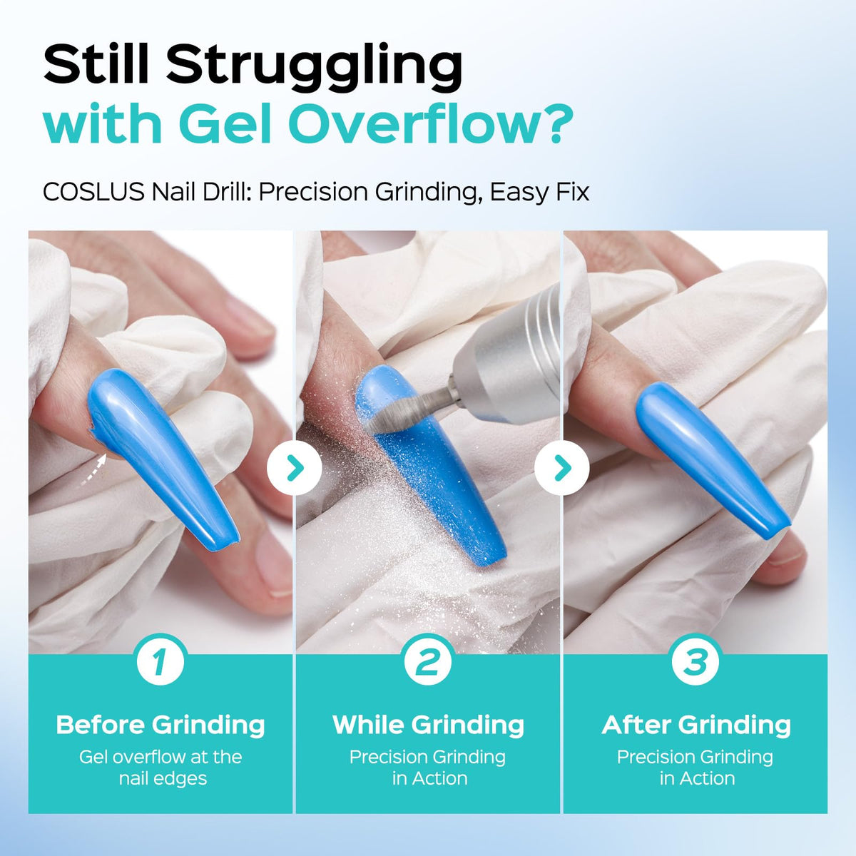 COSLUS E50 stepless speed with LED readout supports precise cuticle care