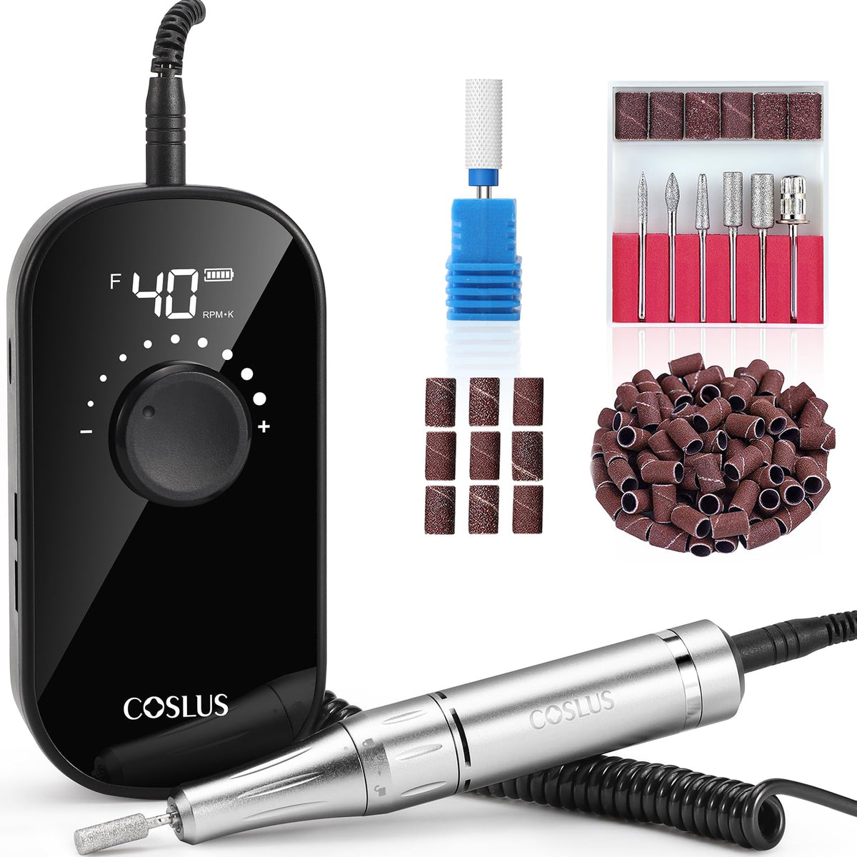 COSLUS E51 nail drill front view for precise shaping and gel removal.