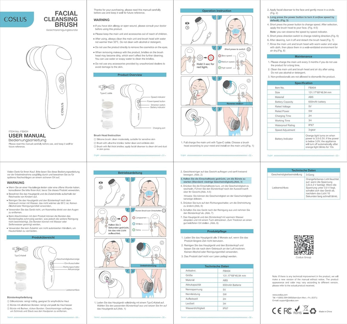 COSLUS FBX04 shower-use setup with replaceable brushes for ongoing care.
