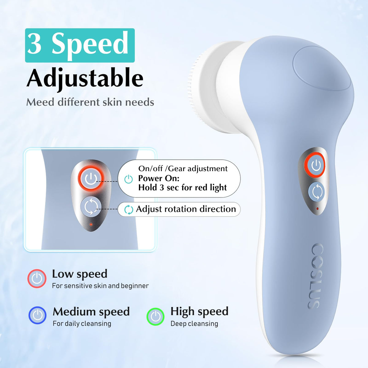 COSLUS FBX04 two-way rotation demonstrates thorough cleansing with gentle touch.
