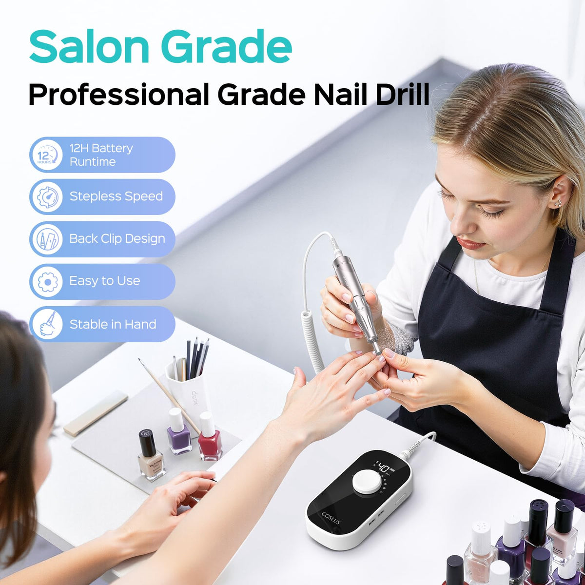 COSLUS nail drill with LED display and battery status for confident home sessions
