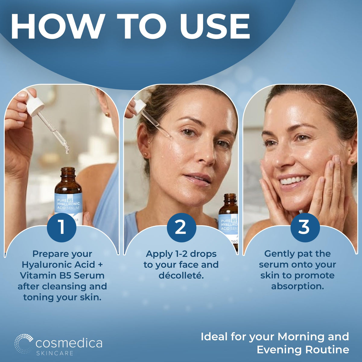 Cosmedica Hyaluronic Acid Serum application on palm demonstrates quick absorption